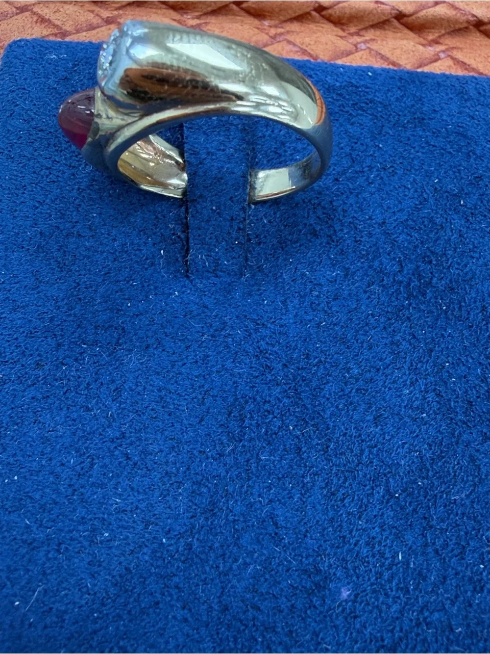 14K Gold Ruby Cabochon Ring with Diamond Accent